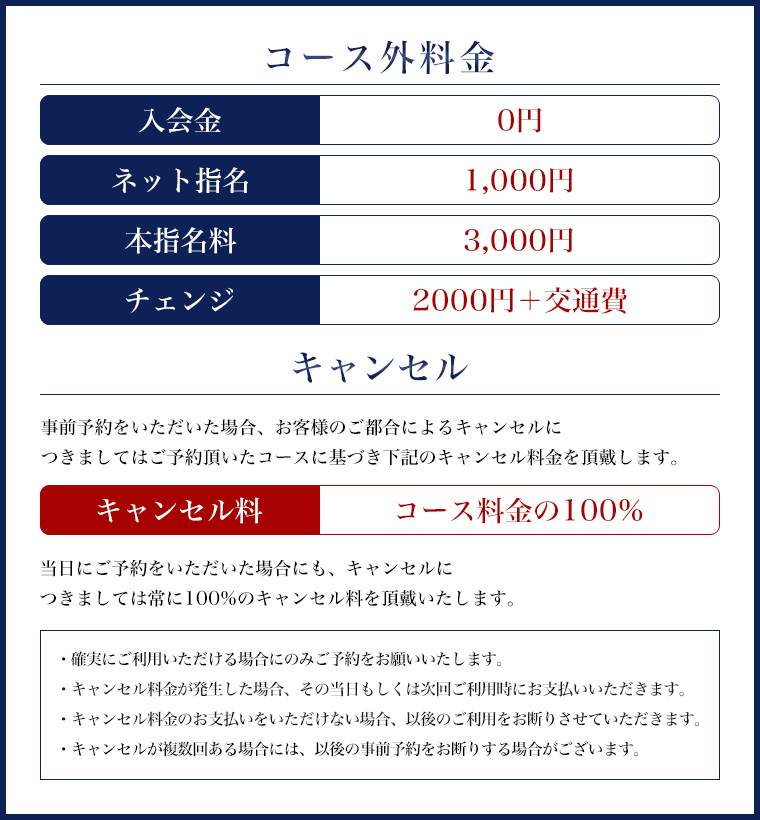 コース外料金とキャンセル料